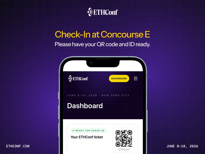 The image shows a cell phone displaying an invitation for an event, specifically an EthConf conference held at the Javits Center in New York City. The text on the screen reads "Good morning, New York City. Doors open forETHConf at Concourse E at 8:30 AM. Head to Concourse E at the Javits Center to check in. Have your ticket QR code and ID ready." This message encourages attendees to use their smartphones to access the event information by scanning a QR code on the invitation.
