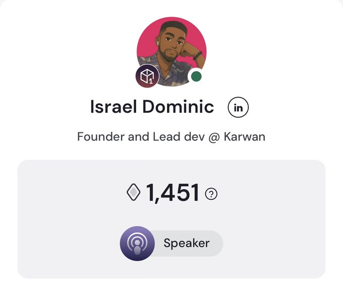 A profile card for 'Israel Dominic', Founder and Lead dev @ Karwan, showing 1,451 followers and a 'Speaker' badge on a web3 profile platform.