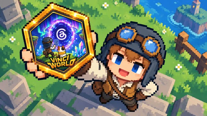 A pixel art style game promotional image featuring a character wearing a pilot hat with goggles, holding up a glowing card labeled 'VINCI WORLD' in a grassy setting.