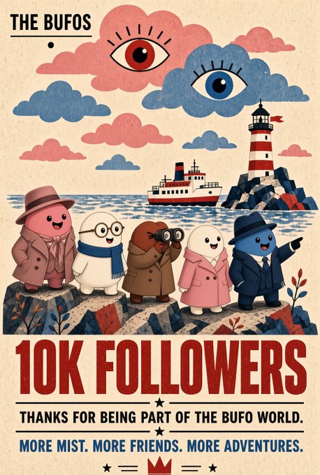 An illustrated promotional poster for 'THE BUFOS' featuring cute characters on a rocky shore with a lighthouse and ship, celebrating '10K FOLLOWERS' with the message 'THANKS FOR BEING PART OF THE BUFO WORLD. MORE MIST. MORE FRIENDS. MORE ADVENTURES.'
