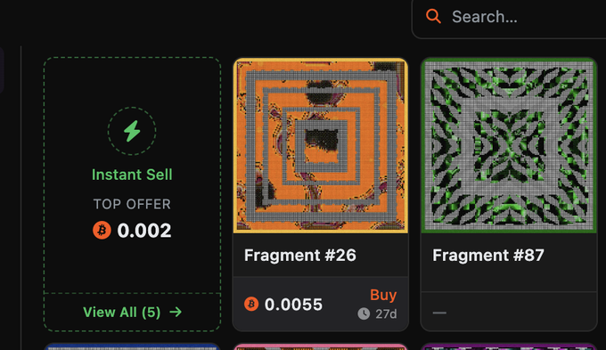 A digital marketplace interface displaying an 'Instant Sell' section with a top offer of 0.002, alongside NFT items labeled 'Fragment #26' priced at 0.0055 and 'Fragment #87'.