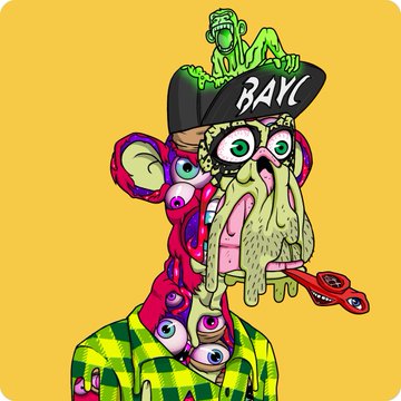 A grotesque cartoon character with many eyes, a baseball cap reading "BAYC", and a small green creature on top, set against a yellow background.
