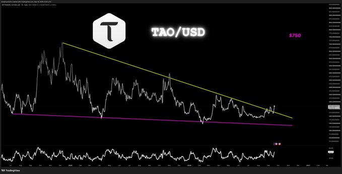 A TradingView chart of TAO/USD shows the price breaking out of a descending wedge pattern (formed by yellow and pink trendlines) with a marked price level at $750, supporting the post's observation of a "W pattern playing out" as the asset appears poised for upward movement.