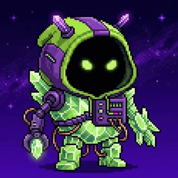 Pixel art of a green and purple robot character with glowing green eyes and antenna, set against a purple starry space background.