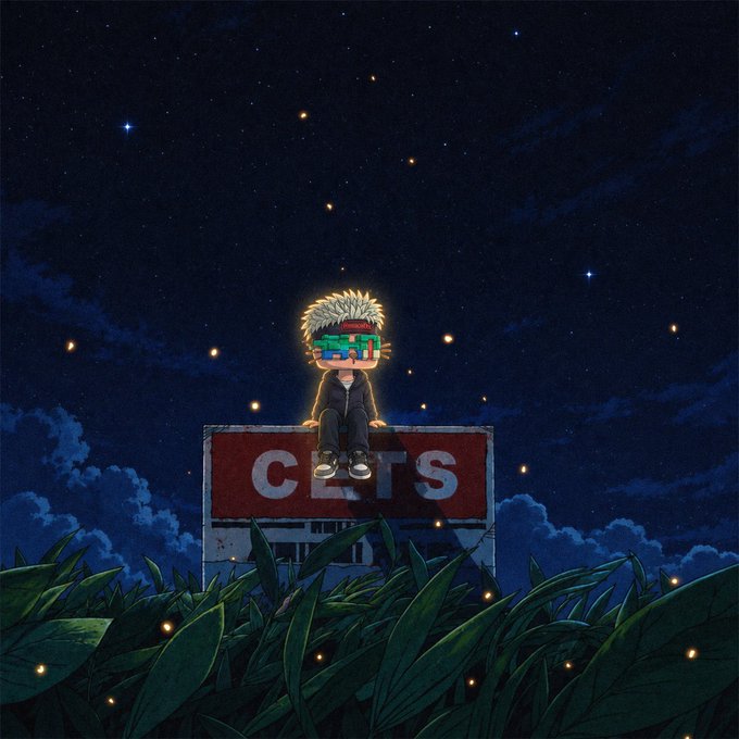An anime-style illustration of a character with spiky blonde hair and green goggles sitting on a sign at night, surrounded by fireflies and grass.