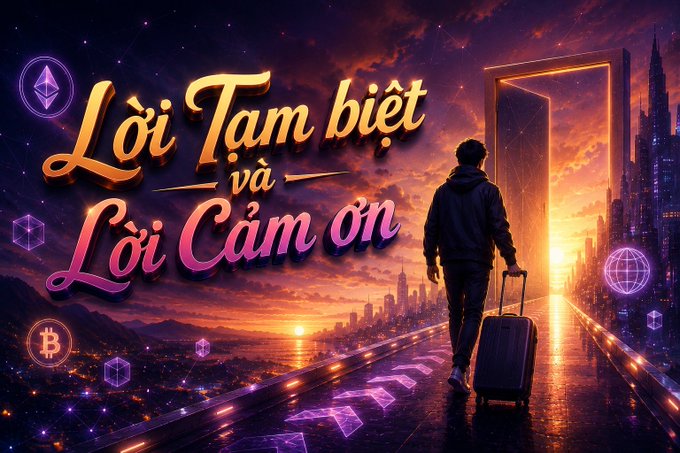 A stylized digital artwork showing a figure with a suitcase walking toward a glowing portal in a futuristic city, with the Vietnamese text 'Lời Tạm biệt và Lời Cảm ơn' (Goodbye and Thank you) and cryptocurrency logos including Ethereum and Bitcoin.