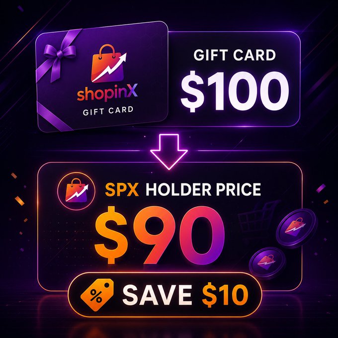 A promotional graphic for a 'shopinX' $100 gift card, showing an SPX holder discount price of $90 with 'SAVE $10' displayed at the bottom on a dark purple background.