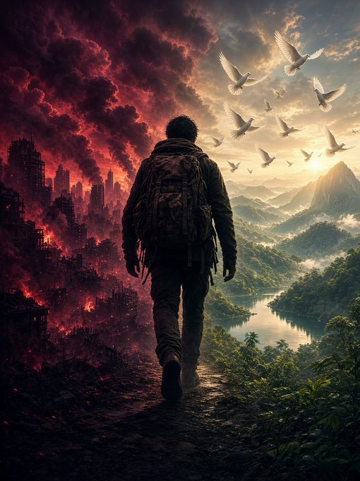 A digital artwork depicting a person with a backpack standing at a crossroads, facing a fork in the path—one side showing a destroyed, burning cityscape and the other showing a lush, peaceful landscape with mountains, a lake, and white doves flying into a sunrise.