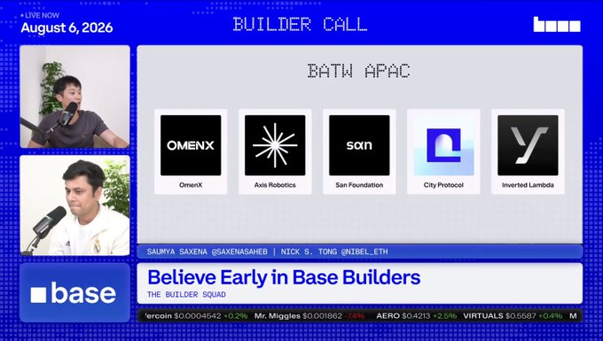 A live stream screenshot titled 'BUILDER CALL' dated August 6, 2026, featuring 'BATCH APAC' with logos for OmenX, Axis Robotics, San Foundation, City Protocol, and Inverted Lambda, captioned 'Believe Early in Base Builders'.