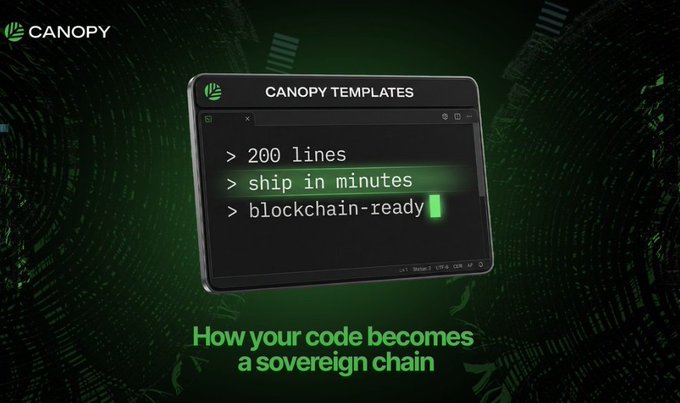 Canopy promotional graphic showing code templates (200 lines, ship in minutes, blockchain-ready) with the tagline 'How your code becomes a sovereign chain.'