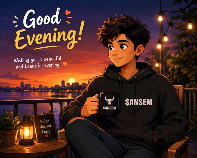 An illustrated 'Good Evening' greeting card depicting an anime-style young man in a SANSEM hoodie holding a branded mug, sitting on a balcony with a sunset cityscape and lanterns in the background.