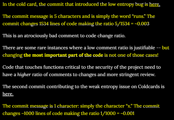 The image highlights commits that introduced the low entropy bug in Coldcard, showing atrociously low comment-to-code ratios—one commit with 5 characters of comment ("runs") for 1534 lines of code (ratio ~0.003), and another with just 1 character ("x") for ~1000 lines (ratio ~0.001). This visual evidence supports the post's argument that critical security code dealing with seed entropy was inadequately documented and reviewed, making it easier for bugs that could compromise Bitcoin security to slip through.