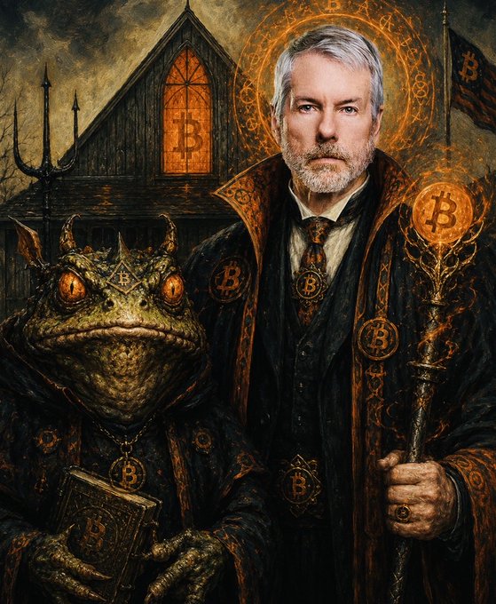 The image features a man dressed as a frog, wearing a robe and holding a book, standing next to another person who is dressed like a wizard with a staff. They are both posing for a picture together. The caption of the image reads "Saylor haters claim he’s just a salesman because the strategy is so obvious it makes their decade of being wrong look embarrassing." This statement suggests that the man in the frog costume and the wizard with the staff might be involved in some sort of scheme or scheme to deceive others. The caption also mentions the SEETHING, which could potentially be related to the post about Bitcoin.
