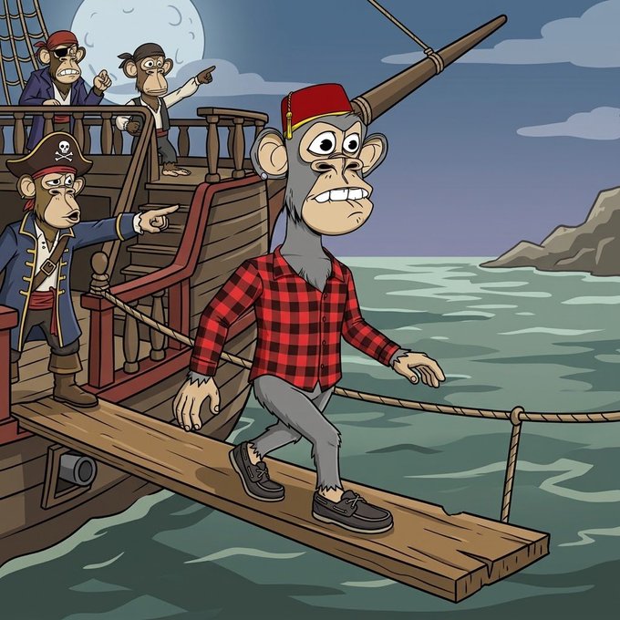 A cartoon illustration of pirate monkeys on a wooden ship, with a large monkey in a red plaid shirt and fez walking on a plank over the ocean at night.