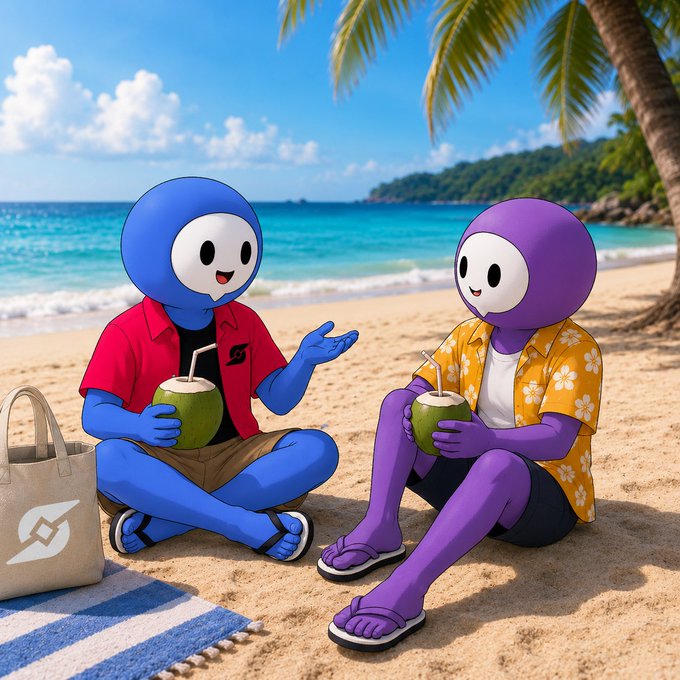 A colorful 3D-rendered illustration of two cartoon characters—one blue and one purple, with round smiling faces—sitting on a tropical beach drinking from coconuts, with a tote bag displaying a logo beside them.
