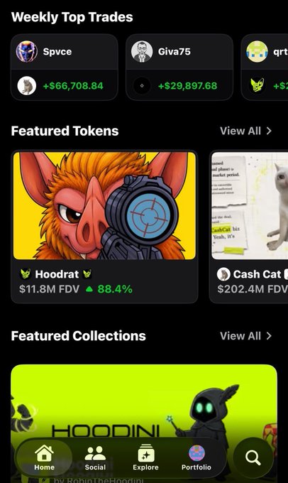 A mobile app screenshot displaying 'Weekly Top Trades' with users like 'Spvce' (+$66,708.84) and 'Giva75' (+$29,897.68), along with 'Featured Tokens' including 'Hoodrat' ($11.8M FDV, +88.4%) and 'Cash Cat' ($202.4M FDV), and a 'Hoodini' featured collection.