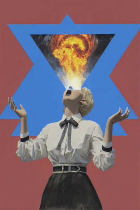 A surrealist collage-style image showing a woman with her head tilted back, fire/flames erupting from her mouth, set against a red background with a blue Star of David.