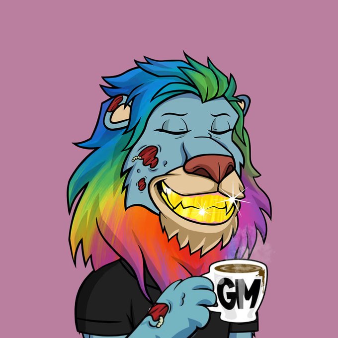 A cartoon illustration shows a colorful, rainbow-maned lion with blue skin holding a white mug labeled 'GM' (Good Morning) against a solid pink background.