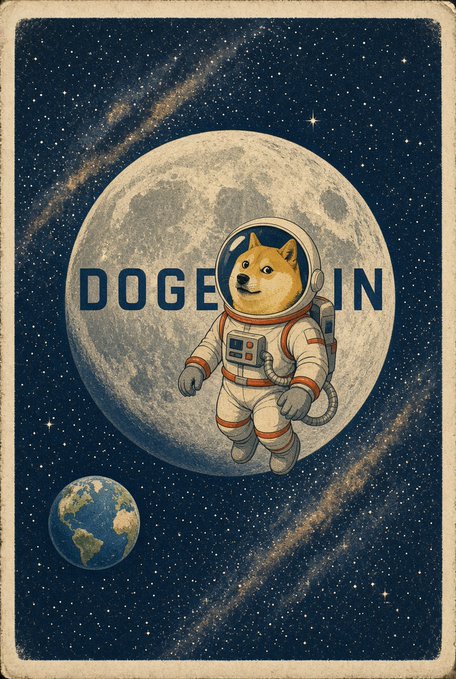 A vintage-style poster featuring a Shiba Inu dog dressed as an astronaut floating in space in front of the moon, with 'DOGE COIN' text and Earth visible in the background.