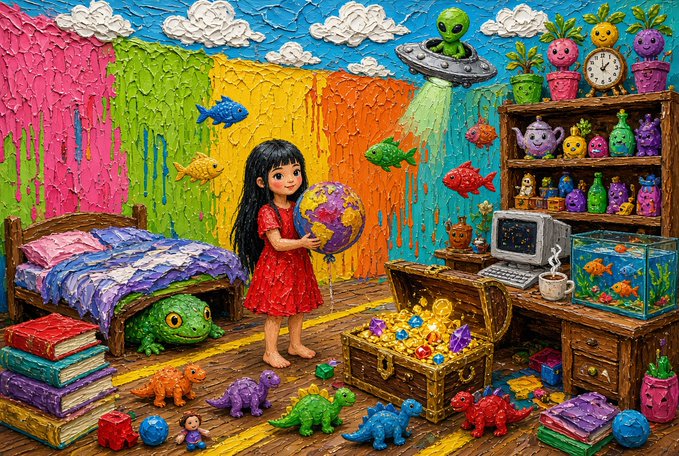A colorful, textured painting of a girl in a red dress holding a globe in her vibrant, eclectic bedroom filled with toys, books, a turtle, an alien in a UFO, and fish swimming through rainbow walls.