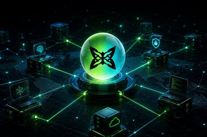A tech-themed graphic showing a glowing green butterfly logo inside a transparent sphere connected by neon green lines to various servers and laptops with security and AI icons.