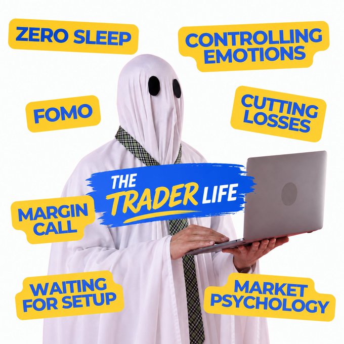 A person in a ghost costume, symbolizing the "haunting" aspects of "The Trader Life" like zero sleep, FOMO, controlling emotions, cutting losses, margin calls, market psychology, and waiting for a setup. This imagery directly relates to the accompanying post's question about which trading challenge is the most haunting.