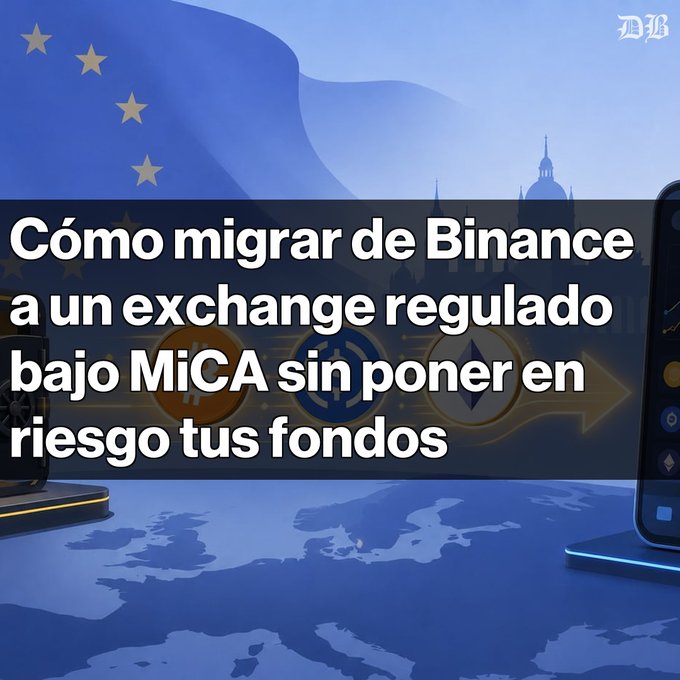 A graphic with Spanish text 'Cómo migrar de Binance a un exchange regulado bajo MiCA sin poner en riesgo tus fondos' overlaid on an EU flag background with crypto exchange logos.