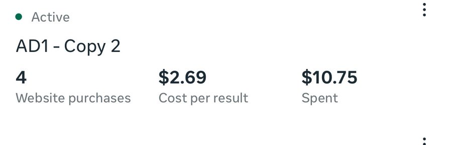 A digital ad campaign dashboard showing an active ad titled 'AD1 - Copy 2' with 4 website purchases, a cost per result of $2.69, and total spent of $10.75.
