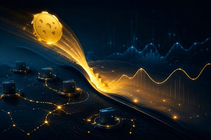 A digital artwork featuring a glowing golden coin with crater-like markings that appears to be plummeting like a comet, leaving a fiery trail across a dark landscape scattered with small connected nodes and bar graphs.