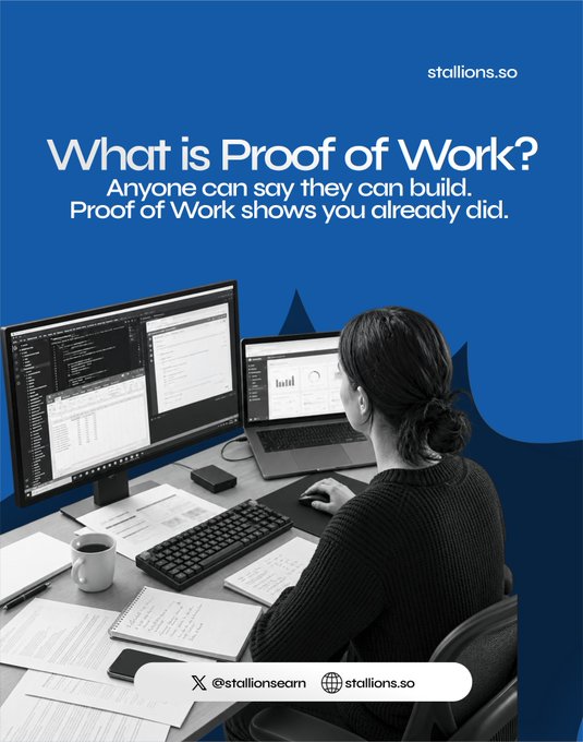 Stallions advertisement titled "What is Proof of Work?" with the tagline "Anyone can say they can build. Proof of Work shows you already did," showing a person working at dual monitors, with handles @stallionscrm and stallions.so.