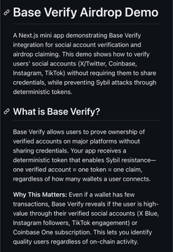 The image shows a screenshot of a website with two lines of text displayed. One line reads "Base Verify Airdrop Demo", while the other says "Why This Matters Even if it isn't Official". These sentences relate to the main topic being discussed, which is Base Verify Airdrop Demo and its various benefits or features. The image does not provide any additional information about the content of these sentences or their context within the website.