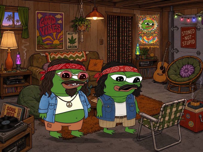 An illustration of two green Pepe the Frog characters in hippie attire with red bandanas and denim vests in a retro wood-paneled room featuring "Good Vibes", "Keep It Green", and "Apollo" posters, a lava lamp, and an "Stoned Not Stupid" sign.