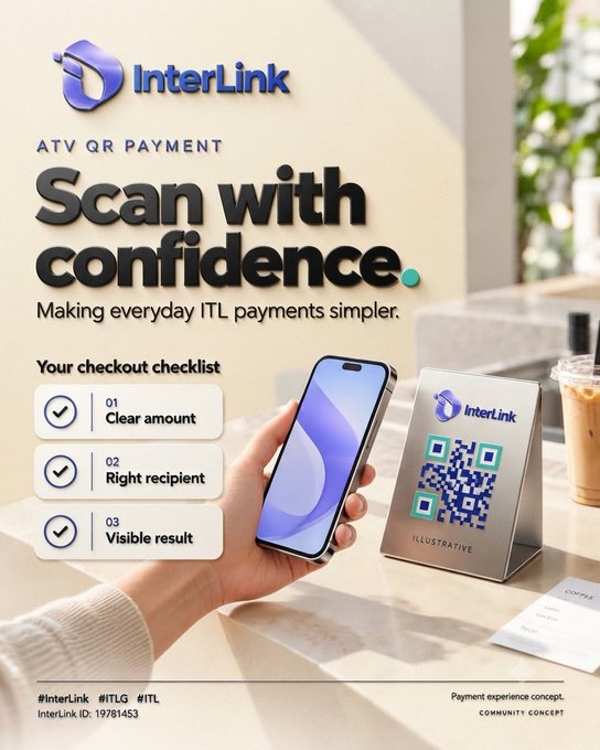 An advertisement for 'InterLink ATV QR Payment' with the headline 'Scan with confidence', showing a hand holding a phone to scan a QR code, alongside a 3-step checkout checklist.