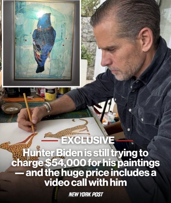 New York Post exclusive showing Hunter Biden painting at an easel, with an inset of his bird artwork and text stating he charges $54,000 for paintings including a video call.