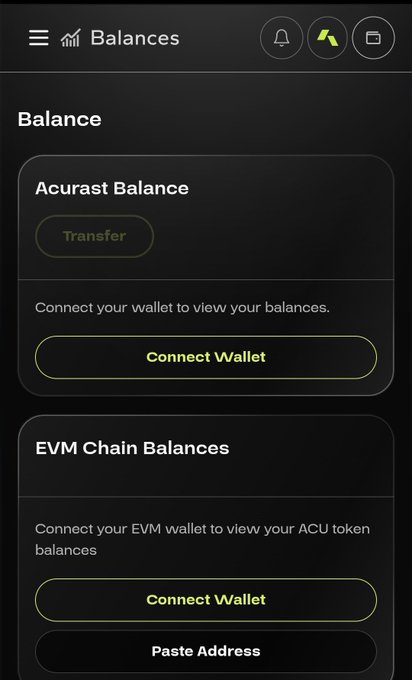 The image shows the "Balances" page on hub.acurast.com, featuring "Acurast Balance" and "EVM Chain Balances" sections with options to "Connect Wallet" or "Paste Address" to view ACU token holdings. This corresponds to the post's instructions for users to navigate to the balances page, connect their wallet, and check their ACU allocation to claim vesting rewards.