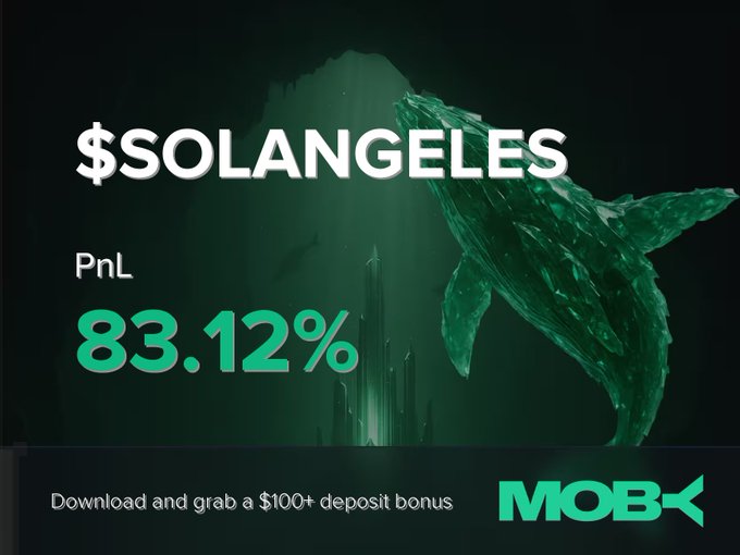 The image is a promotional graphic for Moby displaying a win alert for the token $SOLANGELES, highlighting an impressive PnL of 83.12% in bold green text alongside a whale silhouette and underwater-themed design. It ties directly to the post's announcement of a trader closing a profitable $SOLANGELES position, while encouraging viewers to download Moby Mobile and claim a $100+ deposit bonus.