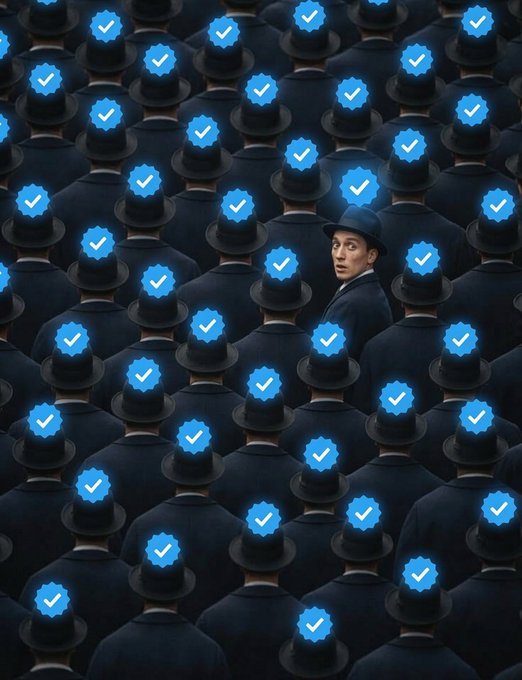 An illustration of a crowd of identical men in suits and hats, each marked with a blue verification checkmark, except one man who turns to look surprised without a checkmark.