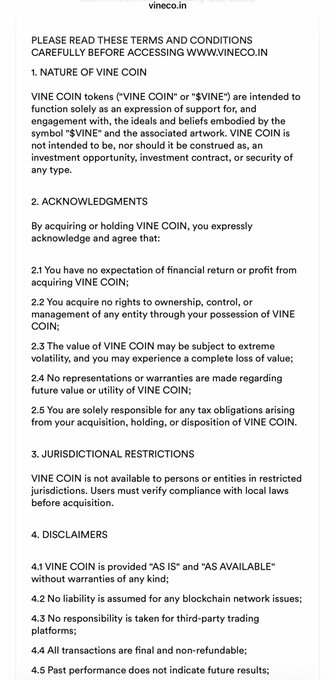 A document detailing the terms and conditions for 'VINE COIN' (vineco.in), covering nature of the token, acknowledgments regarding no financial returns, jurisdictional restrictions, and disclaimers about the asset's volatility.