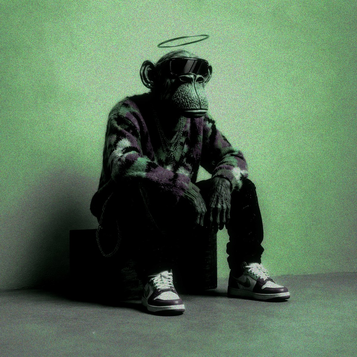 "The Return of Status #BAYC" is a post that features an image of a man wearing sunglasses, a black and purple sweater, and white sneakers with a halo around his head. The man appears to be sitting down on a chair or stool in front of a green wall. This image seems to be related to the post "The Return of Status #BAYC" as it features an illustration of a man wearing sunglasses and a black and purple sweater, which is consistent with the style of the post's content.
