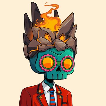 The image features a cartoon character wearing a suit with a tie and glasses, standing against a white background. The character has a unique headpiece made of rocks that resemble a skull or a volcano, giving them an interesting and eye-catching appearance. The caption below the image reads "Gm fam, woke up feeling great! The wife @coliveravisuals and I are officially part of the @DedGorgez project and fantastic community. Check out these gems, and congrats to @NftBroc on the project and fantastic community."