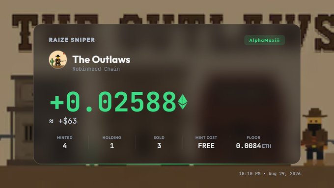 A digital display shows crypto/NFT portfolio information for 'The Outlaws' on the Robinhood Chain, with a floor price of +0.02588 ETH and a profit of approximately +$63, dated Aug 29, 2026.