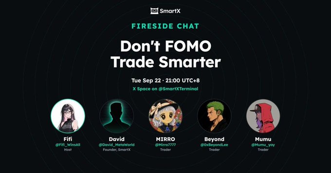 A promotional graphic for SmartX's "Fireside Chat" titled "Don't FOMO, Trade Smarter," scheduled for Tuesday, September 22 at 21:00 UTC+8 on X Space (@SmartXTerminal), featuring host Fifi (@Fifi_WinsAll), founder David (@David_MetaWorld), and traders MIRRO (@Mirro7777), Beyond (@0xBeyondLee), and Mumu (@Mumu_yay). The image directly corresponds to the post announcing this Chinese AMA about smart trading strategies amidst market hype.