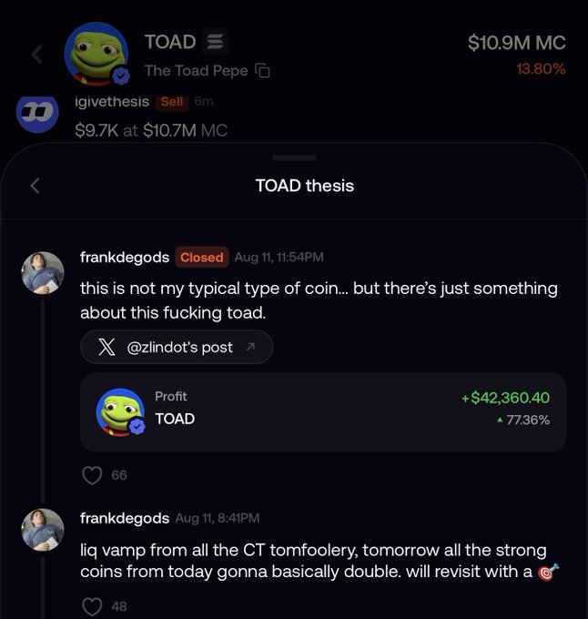 A crypto trading interface showing the TOAD (The Toad Pepe) token at $10.9M market cap with 13.80% gain, alongside posts from "frankdegods" expressing strong conviction in the coin with a notable +$42,360.40 (77.36%) profit, and predicting strong coins will "basically double." The image visually contradicts the accompanying post's claim about frankdegods being a "serial rapist" who would nuke the price on selling, instead showing him bull-posting a thesis and displaying massive realized profits, highlighting the tension between the post's criticism and the trader's apparent successful, supportive stance.