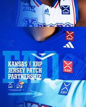 A promotional graphic showcasing the new XRP jersey patch partnership with Kansas Athletics, featuring close-up views of "KU" jerseys with the blue XRP logo prominently displayed, alongside text reading "KANSAS X XRP JERSEY PATCH PARTNERSHIP" and the Jayhawk mascot.
