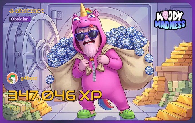 A cartoon illustration from 'Moody Madness' featuring a character in a pink unicorn onesie holding sacks overflowing with blue XP coins and surrounded by gold bars, displaying '347,046 XP' for user 'g4voxi' at 'Obsidian' rank.