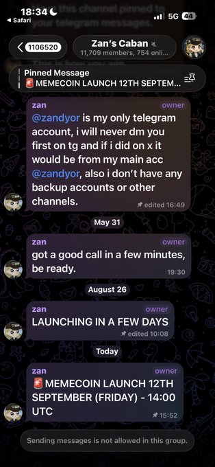 A screenshot of a Telegram channel named 'Zan's Caban' showing announcements for a 'MEMECOIN LAUNCH 12TH SEPTEM...'.