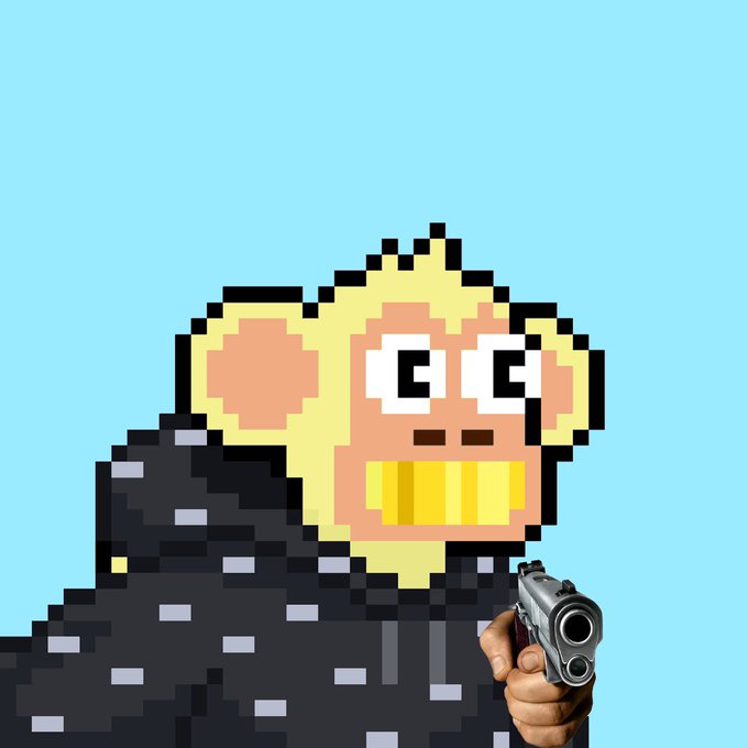 A pixel-art monkey with a wide grin and glowing yellow teeth points a realistic handgun directly at the viewer against a light blue background, wearing a dark gray pixelated outfit. The menacing yet cartoonish image playfully pairs with the post's "Happy Chimpers Chuesday" greeting to promote the $CHIMP token with dark humor.