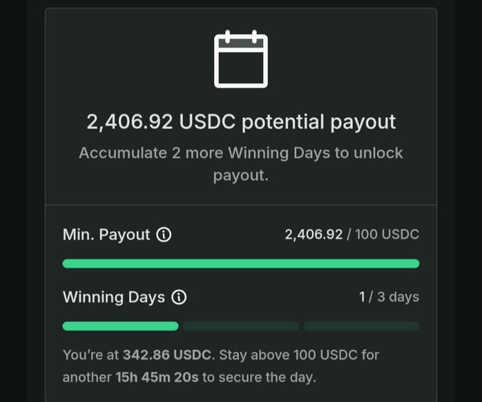 The image shows a webpage that provides information about potential USDC payments for winning days at an online marketplace called AceTrader. The page displays two options, a Payout button with green numbers and text, indicating the progress of the payment, as well as a warning message stating that if you want to take advantage of this promotional offer by using the hashtag #HYPE, you should act immediately to secure your account at least before the deadline, which is 15 hours from now. This post appears to be related to cryptocurrency and online trading platforms.
