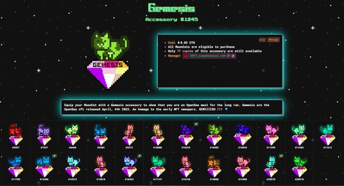A digital marketplace listing for 'Gemesis #1245' NFT accessory priced at 0.62 ETH, showing various colored gem variants available for MoonCat ownership proof.