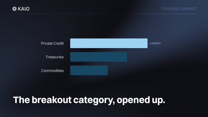 The image shows a screenshot of a presentation slide about private credit being one of the breakout stories in tokenised assets in 2016. The slide also mentions that most investors do not have access to this particular asset type. It further emphasizes the fund's availability on blockchain, which is facilitated by KAIO's infrastructure.